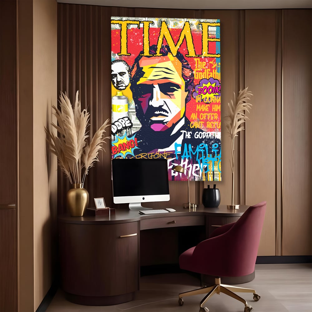 Tablou canvas cu tablou canvas portret mafiot stil pop art, fara rama, pe sasiu de lemn, pe perete intr-un birou